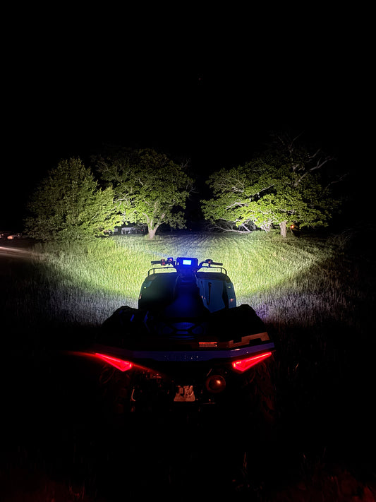 Ultra-bright 3x3 LED spotlight cube on custom Polaris Sportsman headlight